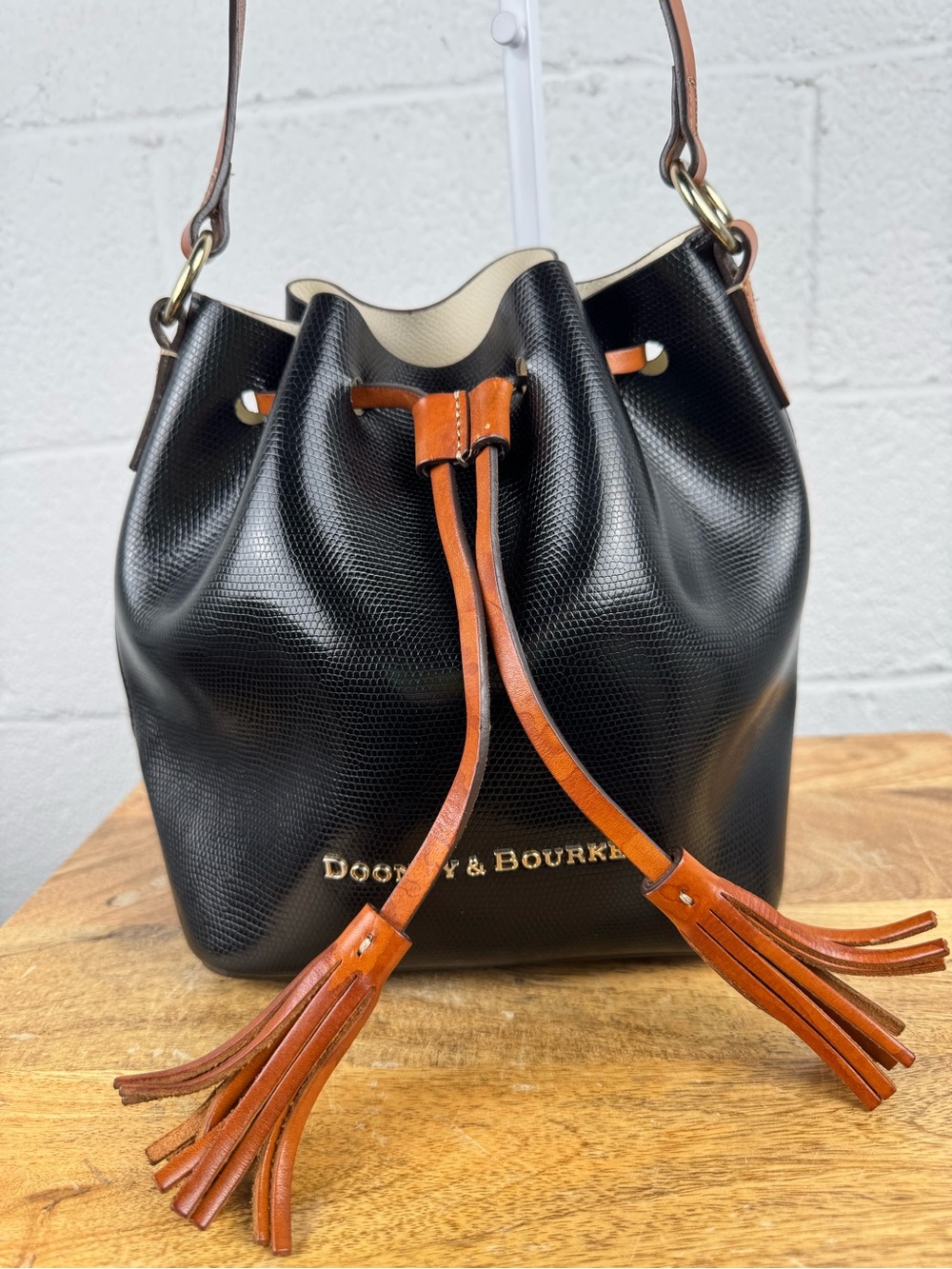 Dooney & Bourke Black Lizard Embossed Leather Tassel Bucket Shoulder Bag